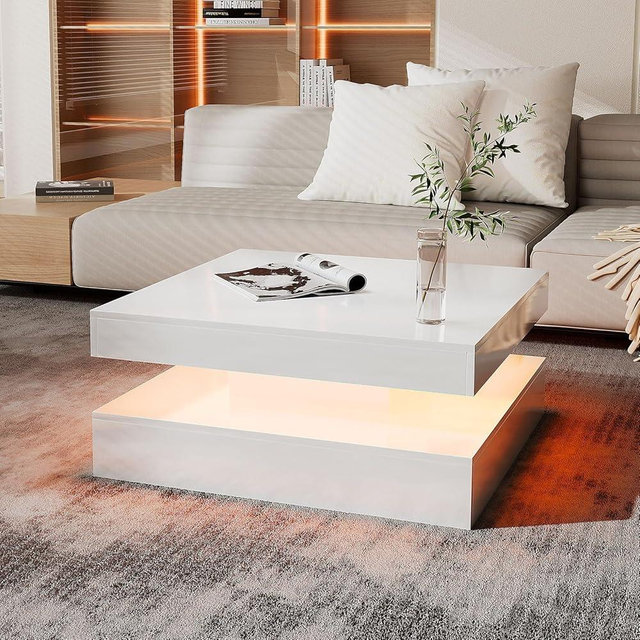HedoAjim White LED Coffee Table for Living Room, 2-Tier Square Center Table Living Room Table, Modern High Glossy Contemporary Wood Coffee Tables with Storage, Suitable for Dining Reception