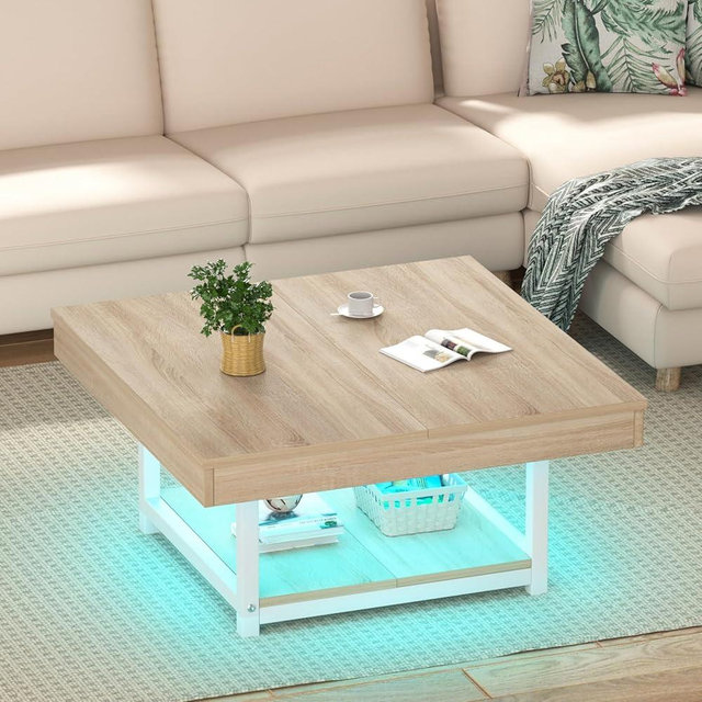 SOROGRA Coffee Table for Living Room Square LED Coffee Tables with Storage 31.5 inch Modern Farmhouse Center Table with Half Split Tabletop, Oak