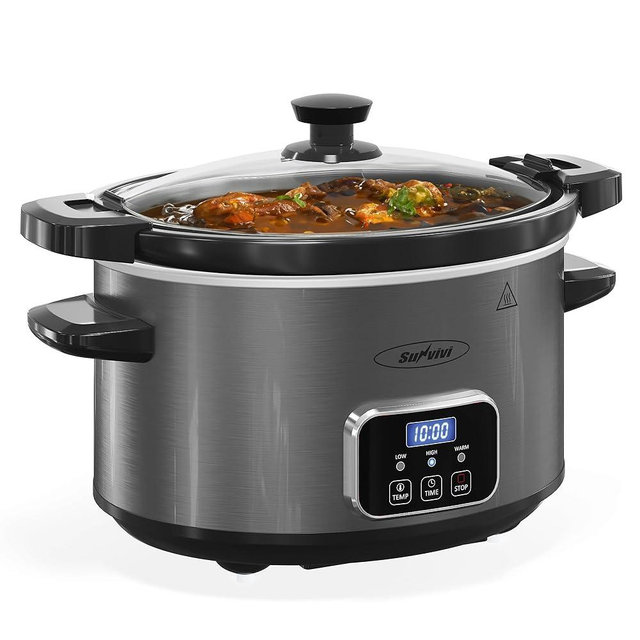 Sunvivi 4QT Slow Cooker, Programmable Pot with Locking Lid, Removable Ceramic Pot, 3 Heating Settings & Time Control,Dishwasher-safe Lid & Pot, Grey