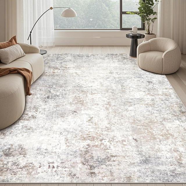 Modern Washable Rugs 9x12 Area Rugs for Living Room,Abstract Rugs for Bedroom,Large Carpets,Ultra Soft Faux Wool Retro Dining Room Rug,Non Slip&Non-Shedding Low Pile Print Rug- Beige Grey