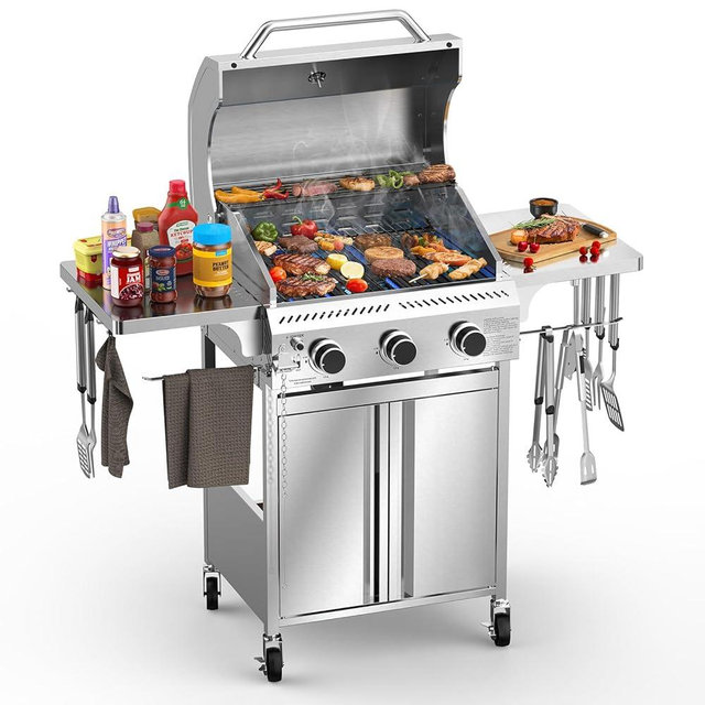 Electactic 3-Burner Gas Grill with Folding Side Tables,Stainless Steel 24,000 BTU BBQ Grill,Outdoor Propane Grill for Barbecue,Patio,Camping