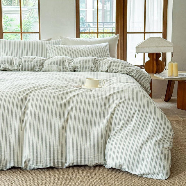 BESTDESIL Striped Duvet Cover Set 100% Washed Cotton Linen Like Soft Feelling Breathable Bedding(White/Sage Green Strip,Queen)