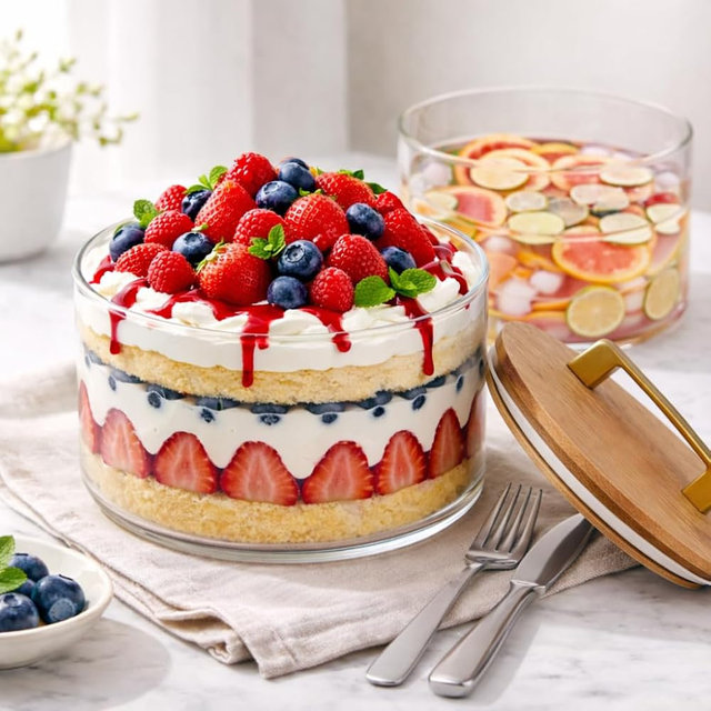 NVCNVC Glass Trifle Bowl, 91 oz Clear Dessert Bowl with Bamboo Lid | Serving Bowl for Banana Pudding, Layered Desserts, Salad, Fruit and Snacks, Microwave and Dishwasher Safe Glass Bowl
