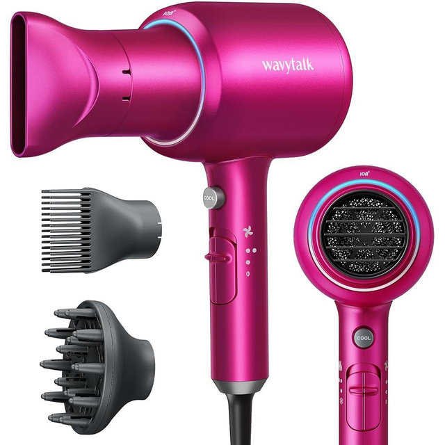 Wavytalk Negative Ions Hair Dryer Professional 1875 Watt Blow Dryer with Concentrator Diffuser and Nozzle Comb Fast Drying Light and Quiet with Ceramic Technology for All Hair Types Fuchsia Rose Red