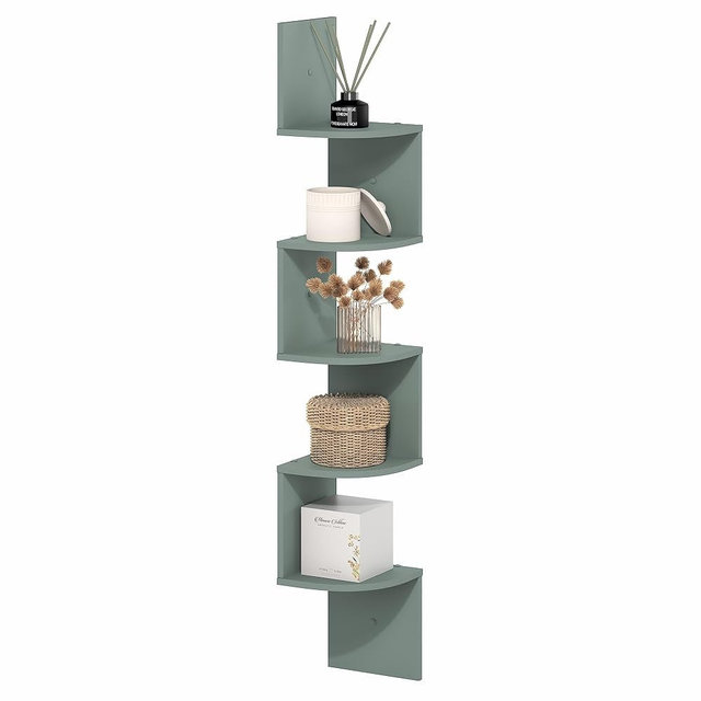 Furinno Rossi Floating Book Shelves for Wall, 5-Tier Zigzag Corner Shelf Wall Mounted, Radial Corner Floating Shelf, for Living Room, Bedroom, Bathroom, Home Office, Sage Green