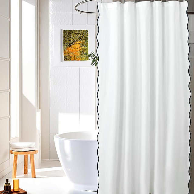 HIG Chic Scallop Edge Shower Curtain – Modern Decorative Coastal Bathroom Curtain for Home Decor, White and Navy Elegant Minimalist Textured Cloth Bath Curtain, 72x72 Inch