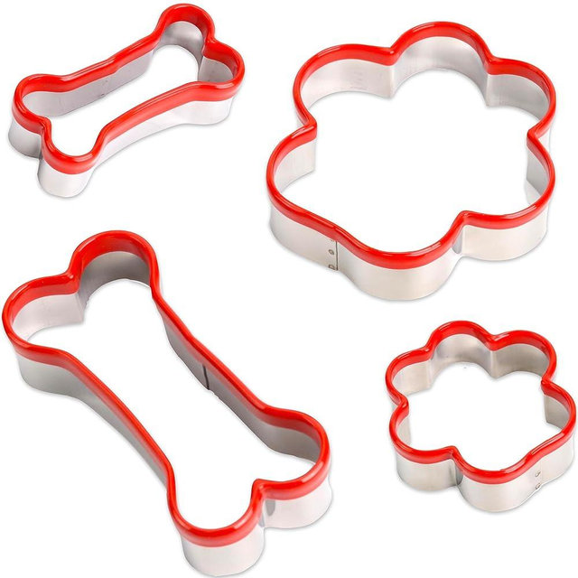 4 Pcs Dog Bone & Paw Cookie Cutters - Dog Treats Cutter Set, Soft PVC Coated