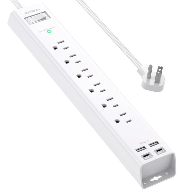 Power Strip Surge Protector - Addtam Extension Cord with 6 AC Outlets and 4 USB Ports (2 USB-C), Flat Plug Extension Cord, Wall Mount for Home, Office, College Dorm Essentials, ETL Listed, White
