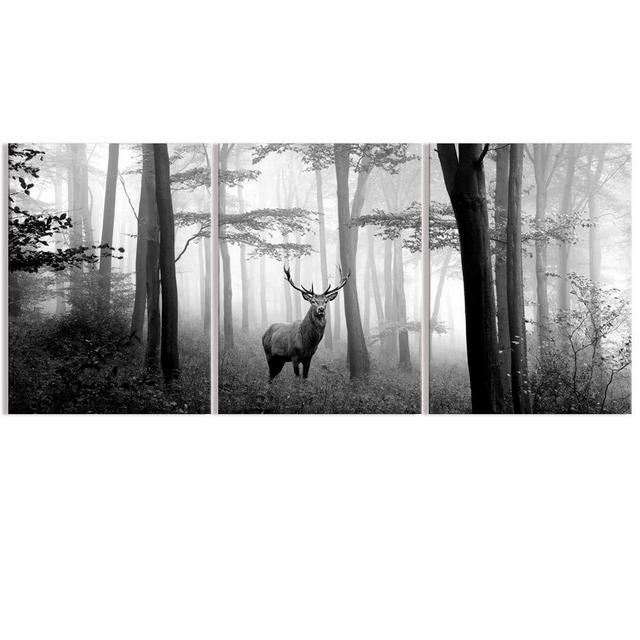 Visual Art Decor Black and White Wall Art Deer in Autumn Foggy Forest Picture Indeer Elk Stag Canvas Prints for Home Living Room Bedroom Wall Decoration Ready to Hang