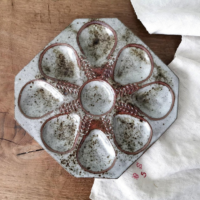 French Vintage Oyster Plate / Signed Gray Beige Glazed Stoneware
