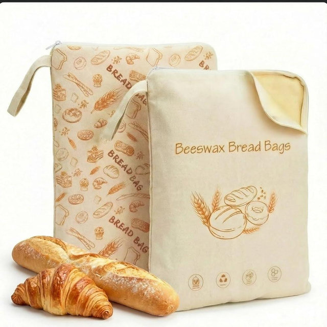 OMIOMIR 2 Packs XL Beeswax Bread Bags, Wide Zipper Access, Natural Linen Cotton Sourdough Bags, Reusable Bread Bags for Homemade Loaves, Practical Bread Bags with Zip Seal for Freshness | L-shaped wide zipper