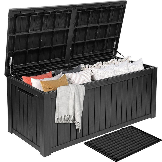 DWVO 150 Gallon XL Deck Box with Divider & Lockable Lid, Waterproof Resin Outdoor Storage for Patio, Garden, Poolside, Cushions, Supplies & Sports Gear, Black