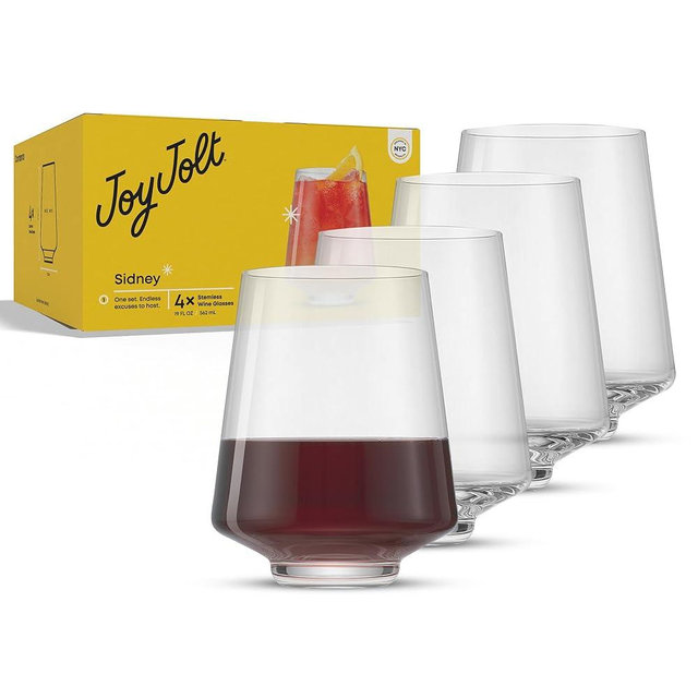JoyJolt Sidney Stemless Wine Glasses Set of 4 | 19 oz Modern Drinking Glasses | Tapered Bulb Shaped Tumbler Cups for White and Red Wine | Home Bar Glass Set | Premium Crystal Made in Europe