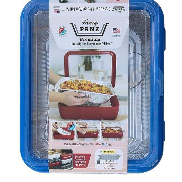 Fancy Panz Premium Dress Up & Protect Your Foil Pan, Made in USA. Hot/Cold Gel Pack, One Half Sized Foil Pan & Serving Spoon Included. Stackable for easy travel. (Denim Blue)