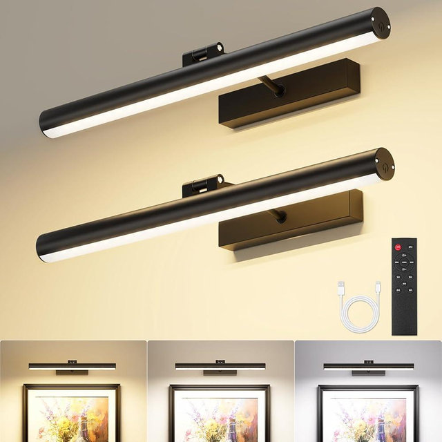 VOLISUN 16 inch Picture Lights for Wall, Rechargable Picture Light Battery Operated, 3 Color Temperatures Cordless Picture Light with Remote, Art Light for Paintings, Gallery, Portrait, 2 Pack (Black)