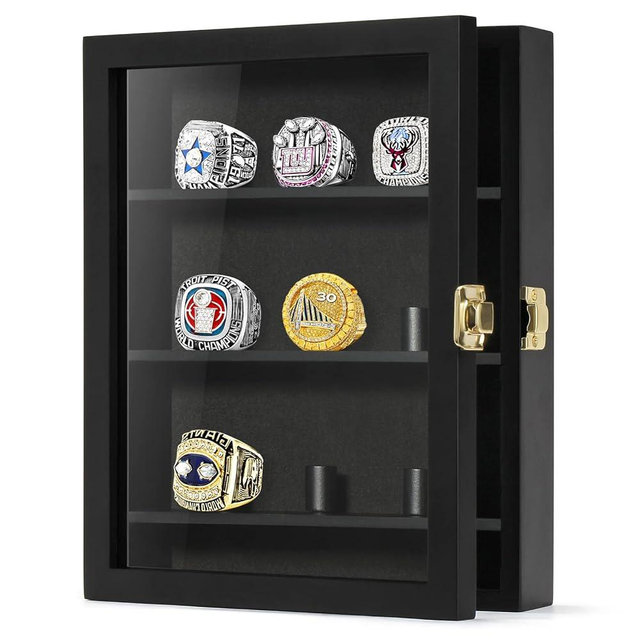 TJ.MOREE Championship Ring Display Case, 9 Posts Baseball & MoreDisplay Case, 8x10 Wall Mount Wooden Glass Shadow Box with Locks - Black