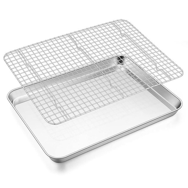 E-far Baking Sheet with Wire Rack Set, 17.6” x 13” Stainless Steel Cookie Sheet Baking Pan for Oven, Rimmed Large Metal Tray with Cooling Rack for Cooking Roasting, Non-Toxic & Dishwasher Safe