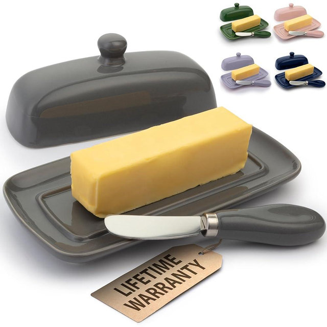 Zulay Butter Dish With Lid For Countertop - Porcelain Gray, Ceramic Butter Dish with Knob Handle Great for Cooking - Elegant Design Butter Holder - Durable & Sturdy Butter Keeper - Gray