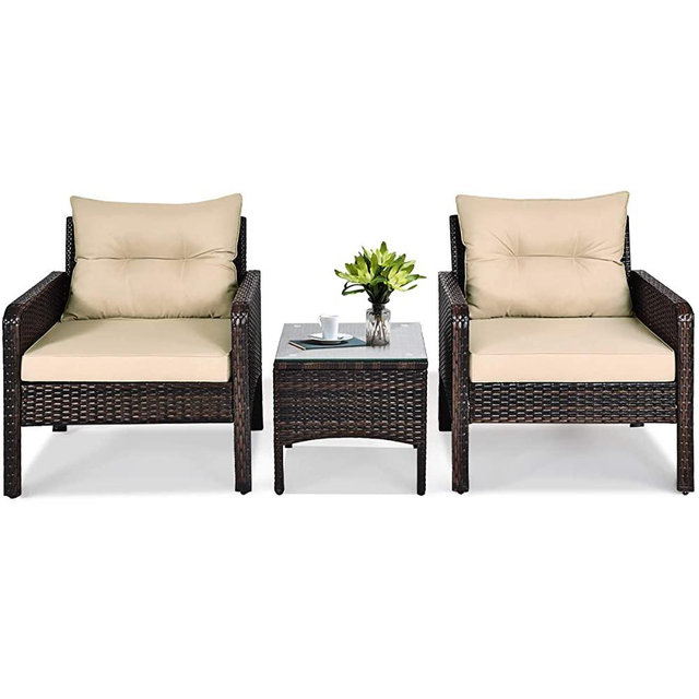 Tangkula 3 Piece Outdoor Patio Furniture Set, Wicker Chairs Set with Glass Top Coffee Table, Thick Cushions, All Weather Garden Lawn Poolside Backyard Porch Furniture Set for 2 (Brown)