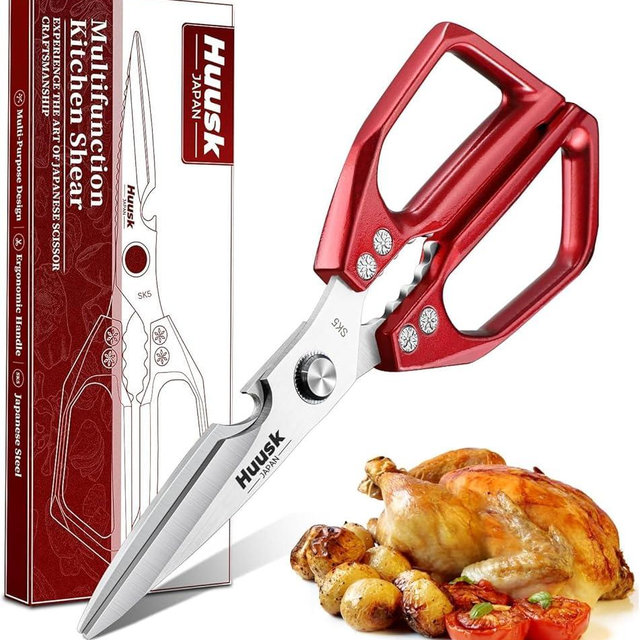 HUUSK Kitchen Scissors for Food - Stainless Steel Kitchen Shears, Sharp Red Meat Scissors Dishwasher Safe, Heavy Duty Poultry Shears, Japanese Cooking Scissor for Chicken, Christmas Gift for Men Women