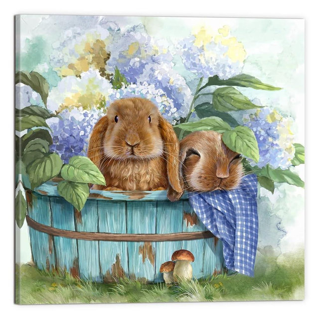 LAIART Cute Bunny Wall Art Blue Flowers Canvas Print Picture Farmhouse Wall Decor(rabbit, 20.00" x 20.00")