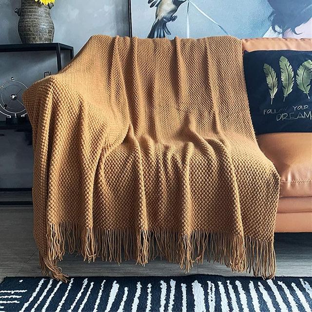 LOMAO Knitted Throw Blanket with Tassels Bubble Textured Soft Blanket Lightweight Throws for Couch Cover Home Decor (Khaki, 50x60)