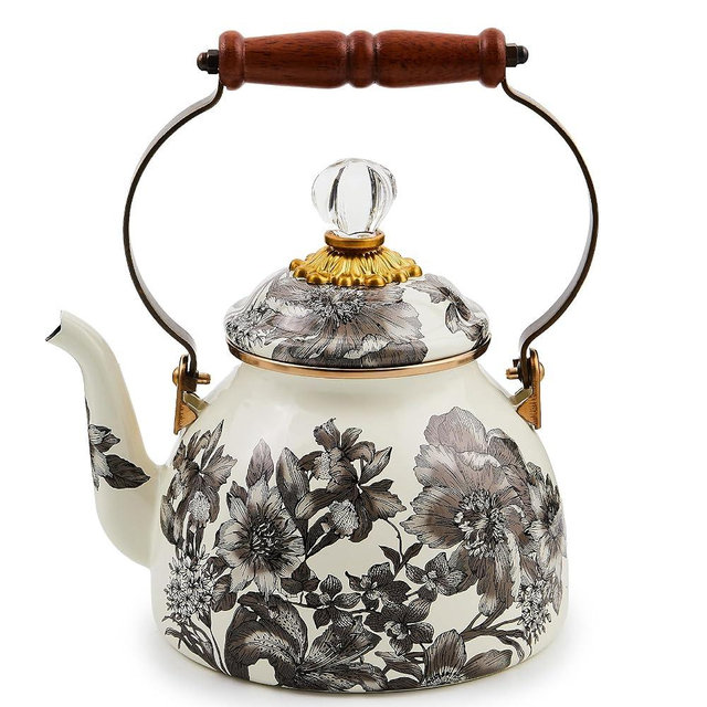 MACKENZIE-CHILDS 2-Quart Enamel Tea Kettle, Cute Tea Kettle for Stovetop, Sterling English Garden