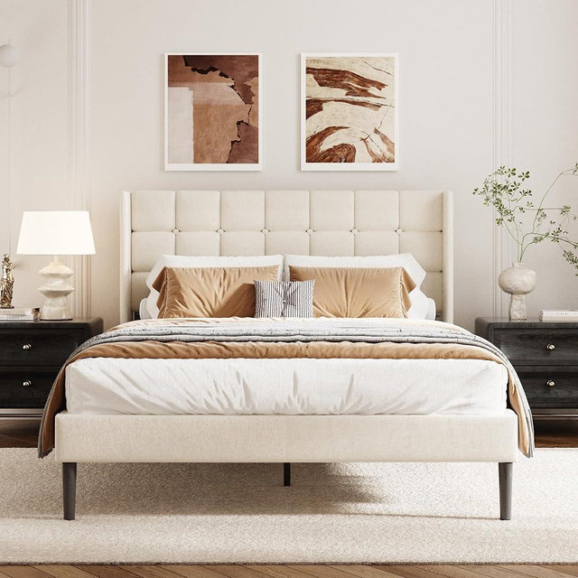 viplov Queen Size Bed Frame with Wingback Headboard, Velvet Upholstered Platform Bed Frame with Button Tufted Headboard, Wooden Slats Support, No Box Spring Needed, Noise Free, Easy Assembly, Beige