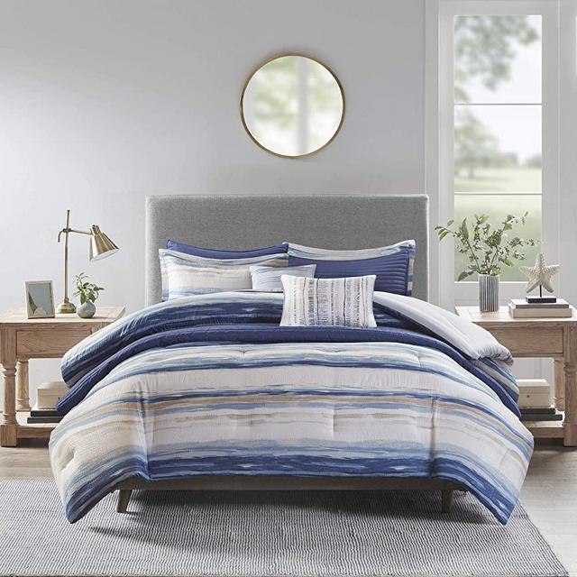 Madison Park Marina 8 Piece Printed Seersucker Comforter and Coverlet Set Collection Blue Cal King