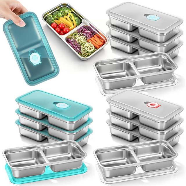 Teecyhooo 12 Pack Stainless Steel Snack Containers with 3 Colors Leakproof Lids Reusable Grab and Go 2 Compartment Food Snack Storage Box for Work Camping Travel, Leak Proof, Dishwasher Safe
