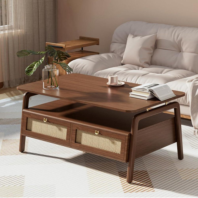 JOINICE,Coffee Table with Storage,Mid Century Modern Coffee Table with 4 Rattan Drawers,Coffee Tables for Living Room,Convenient for Eating,Gaming,or Working,Walnut