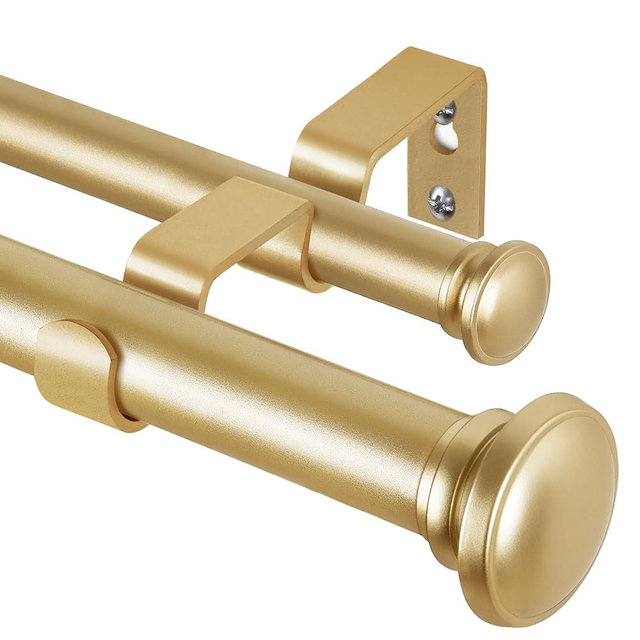 TONIAL 1 Inch Double Curtain Rods 36 to 72 Inches (3 to 6ft), Heavy Duty Decorative Drapery Rod for Windows 24 to 68 Inches (2 to 5.7ft) with Small Cap Finial, Gold