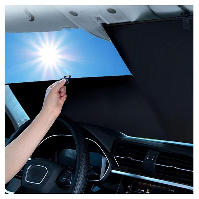 Retractable Windshield Sun Visor for Automobiles Sunshade to Keep Vehicle Cool and Damage Free UV Sun and Heat Reflector Easy to Use New 2021, black