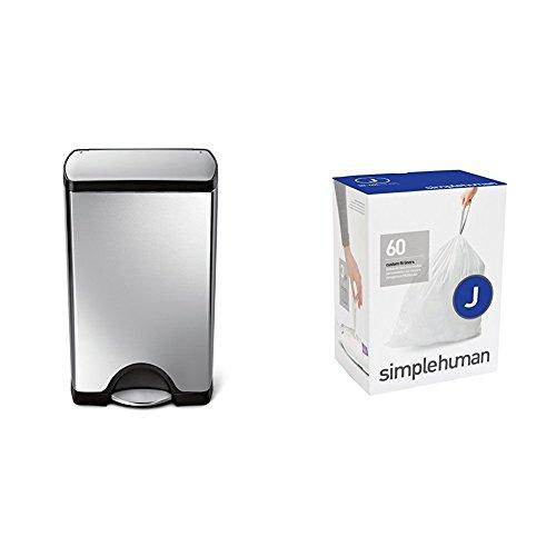 simplehuman 38 Litre Rectangular Step can Fingerprint-Proof Brushed Stainless Steel + Code J 60 Pack Liners
