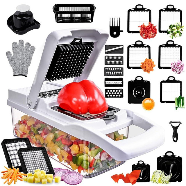 Vegetable Chopper,25 in 1 Multifunctional Food Chopper with Container,Kitchen Vegetable Slicer Dicer Cutter,Veggie Chopper Fruit Salad Potato,13 Blade Stainles Steel Blades（White）