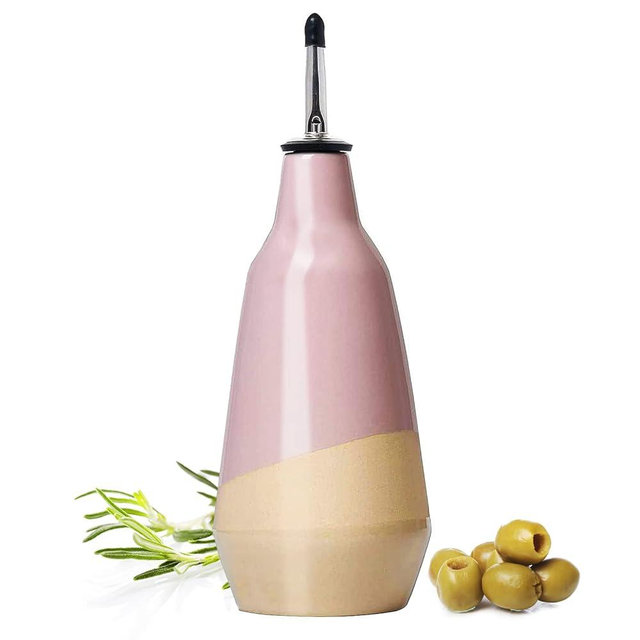 Gute Cruet Ceramic Olive Oil & Vinegar Carafe - 400ml, Perfect Home Decor Gift - 9" H x 3" W Pink Bottle with Pourers