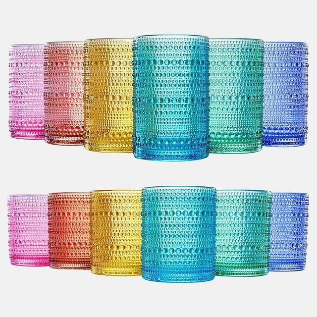 Hobnail Drinking Glasses Colored Beaded Drinking | 12 Set | 6x Tumbler 11 OZ + 6x Highball 12 OZ Bubble Design Glassware, Water, Cocktail, Old Fashioned, Embossed Thick Heavy Glass For Kitchen & Bar