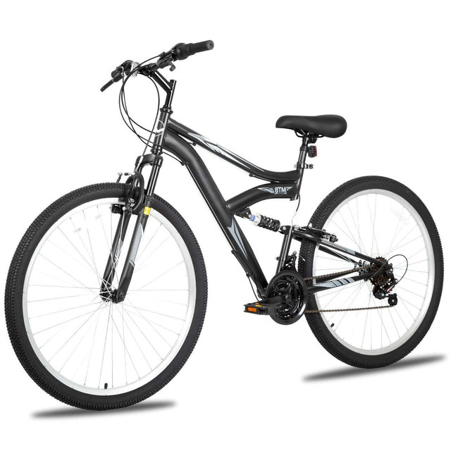 Hykolity 27.5-Inch Mountain Bike, Mens Womens, Steel Full Suspension, 18-Speed, Adjustable Saddle, Linear Pull Brakes, Alloy Rims, Black
