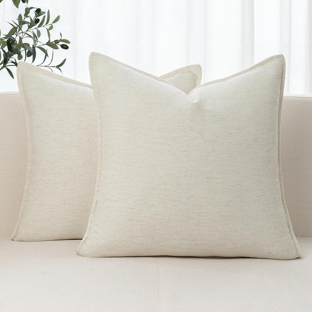 iPAHANA Chenille Linen Throw Pillow Covers 18x18 Set of 2, Thick Textured Boho Pillow Covers, Farmhouse Decorative Pillow Covers, Neutral Vintage Accent Covers for Couch Sofa Bed, Cream White