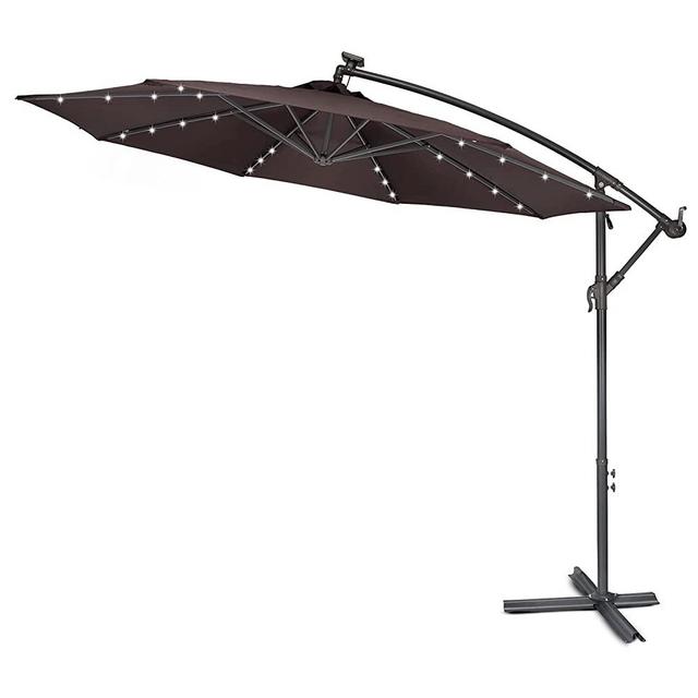 SUNBRANO 10Ft Solar Outdoor Offset Cantilever Patio Umbrella, Market Crank Hanging Umbrella with 32 LED Lights, 8 ribs, Coffee