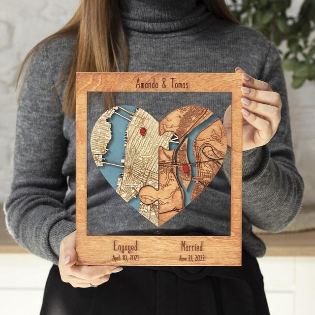 Newly Wed Gifts, Two Locations Heart Puzzle Map Wooden Framed Wall Art, Custom Wedding Shower Gift for Couple, 1st Anniversary Gift for Wife