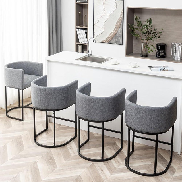 Riknuxi Counter Height Bar Stools Set of 4, Modern Barrel Barstools with Back, Black Metal Frames, Upholstered Bar Stools for Kitchen Island, Pub, Club (Grey)