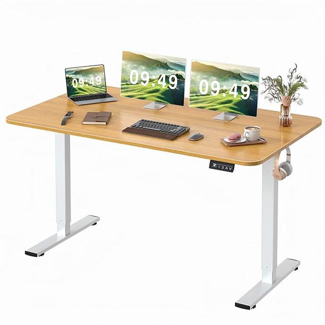 Furmax Electric Height Adjustable Standing Desk Large 55 inch Sit Stand up Desk Home Office Computer Desk Memory Preset with T-Shaped Metal Bracket, White&Wood