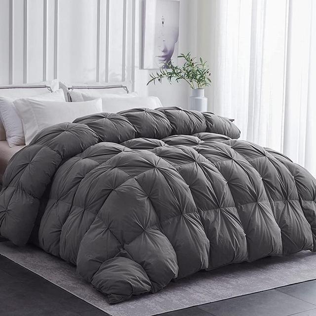 SNOWMAN Goose Down Comforter Pinch Pleat All-Season Duvet Insert,King Comforter with 8 Tabs,1200 Thread Count 100% Egyptian Cotton,750+ Fill Power,70 oz Fill Weight(Grey,106x90inches)