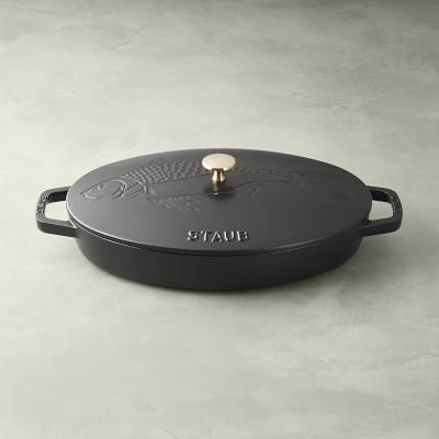 Staub Enameled Cast Iron Oval Gratin with Sea Bass Embossed Lid, 2 1/4-Qt., Matte Black