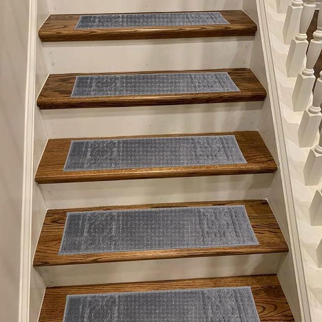 Maximus Stair Treads Indor Solid Trellis Bordered Gray Size 7.5" X 26" Machine Washable Slip Resistant Set and Color Options (Set of 15)