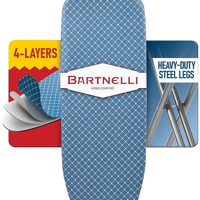 Bartnelli Premium Full-Size Ironing Board 45x15 Inch Large Surface, Integrated Upgraded Iron Rest with Hanger Rack, Height Adjustable, Heavy-Duty Metal Frame, 4 Non-Skid Feet, 4-Layer Cover & Pad