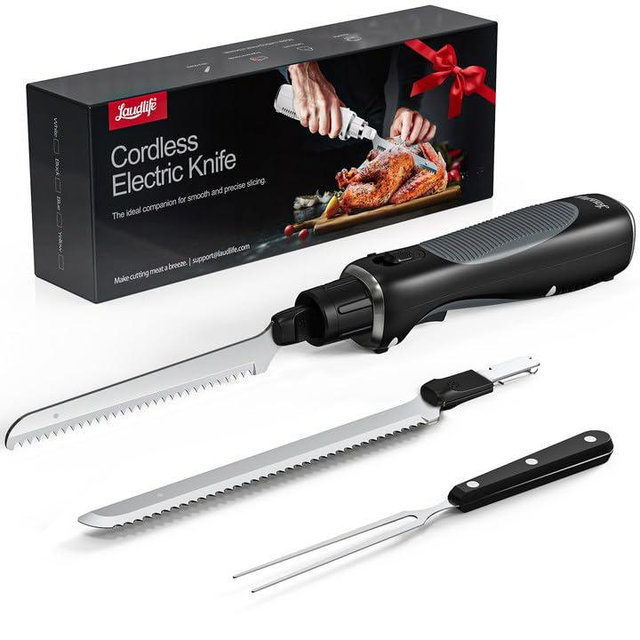 LAUDLIFE Electric Knife, Cordless Cutting Knife, Ergonomic Design with Comfortable Contoured Grip Rechargeable Easy-Slice Electric Carving Blade for Meat Slicing, Bread, Fillet, Turkey, Black