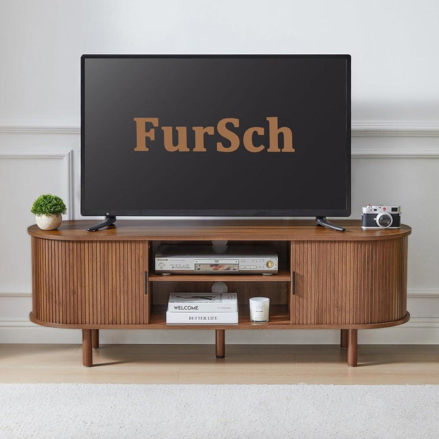 FurSch 54" Tambour Door TV Stand,Wood Mid Century Modern TV Cabinet for Up to 65“ TV,Curved Edge Long TV Stand with Storage for Bedroom Living Room(Walnut, 54inch)