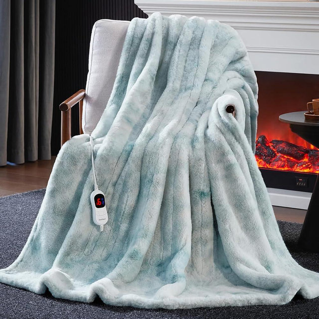 Guohaoi Heated Blanket Electric Throw, Soft Faux Rabbit Fur Electric Blanket with 10 Heating Levels 5 Sitting Timer Auto Off, Cozy Warm Heating Blankets, Machine Washable(62"×84" Blue)